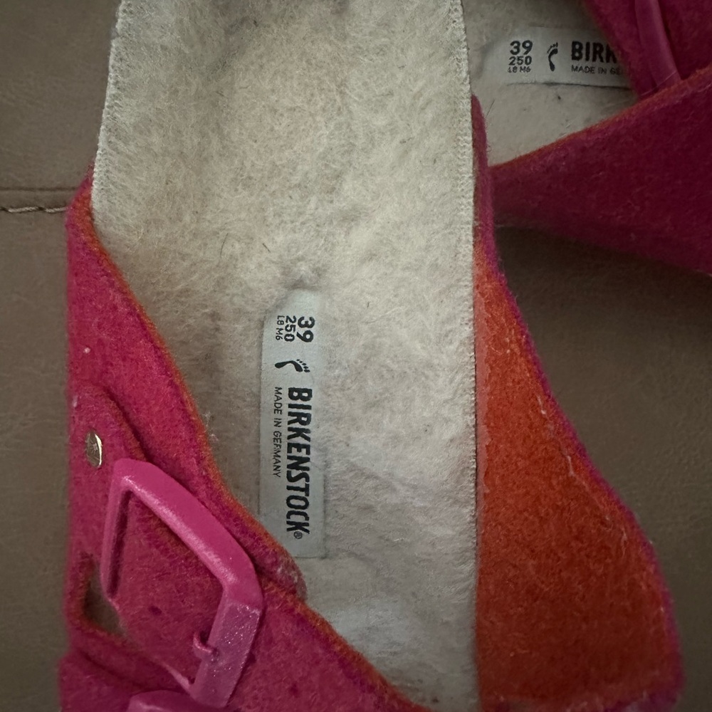 Birkenstock Two-Strap Slide Sandals in Fuchsia with Orange Sole - Picture 2 of 3
